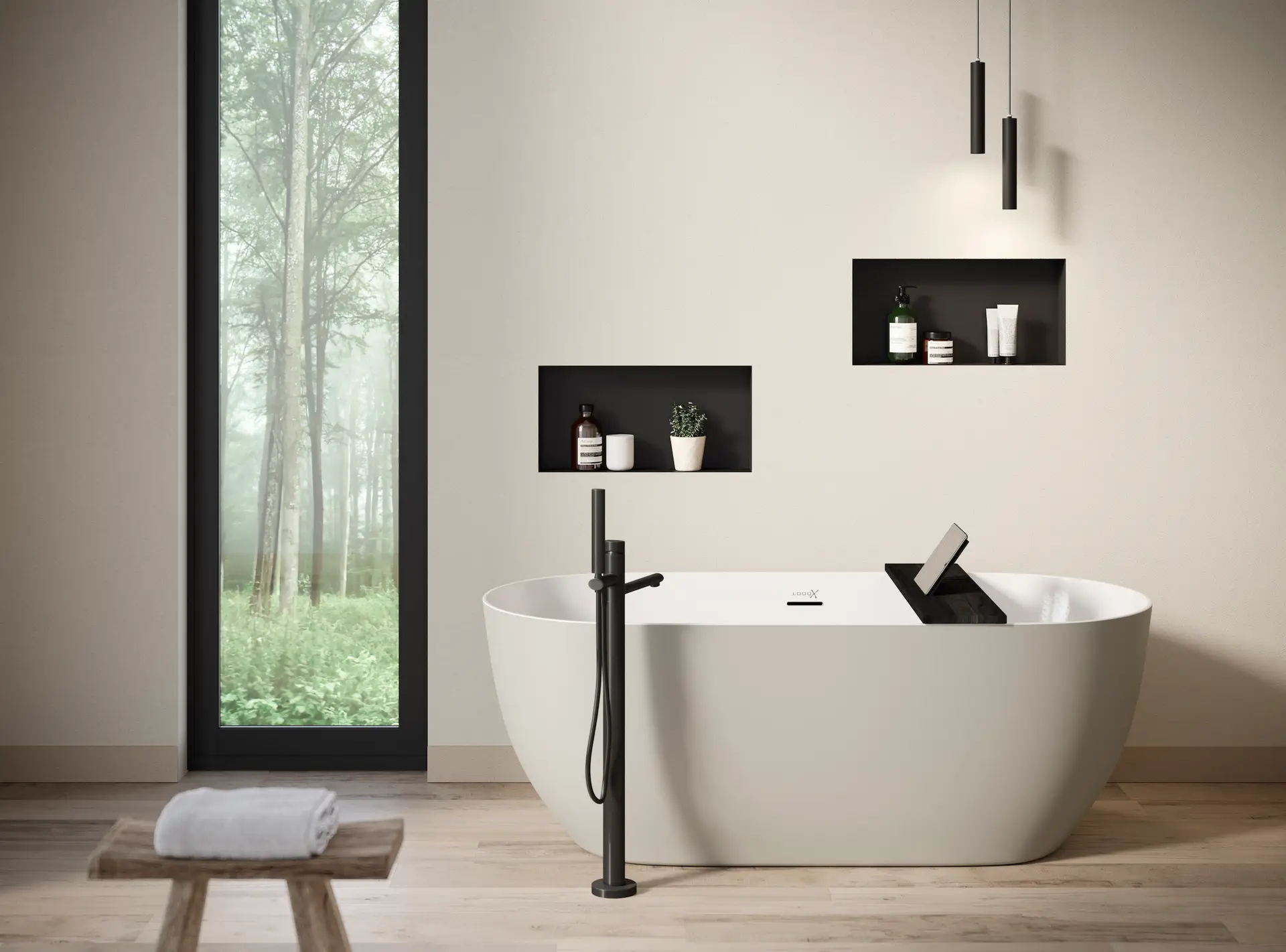 Badkamer met vrijstaand bad en vloerkraan bij een raam