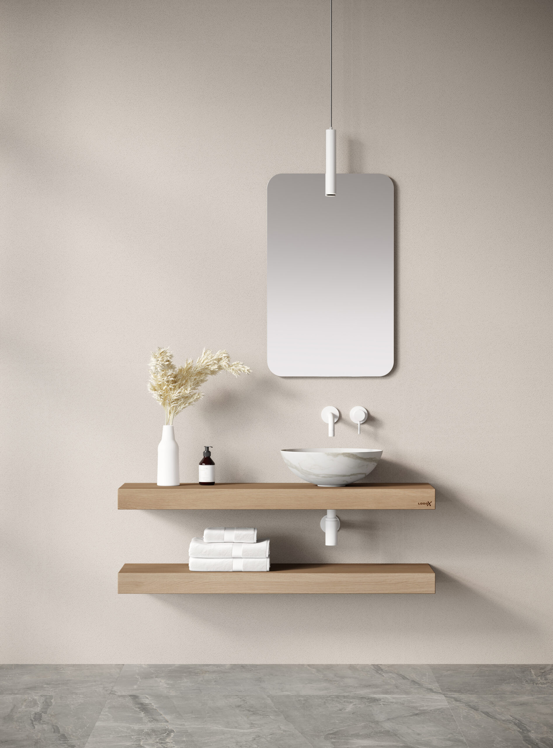 Wastafel op houten plank met spiegel